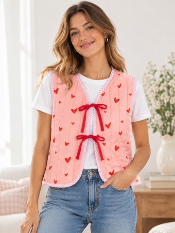 Double Layered Heart Patterned Muslin Quilted Vest