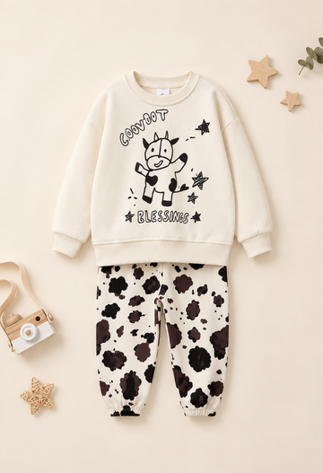 Unisex İnek Desenli Sweatshirt ve Jogger Pantolon Takım
