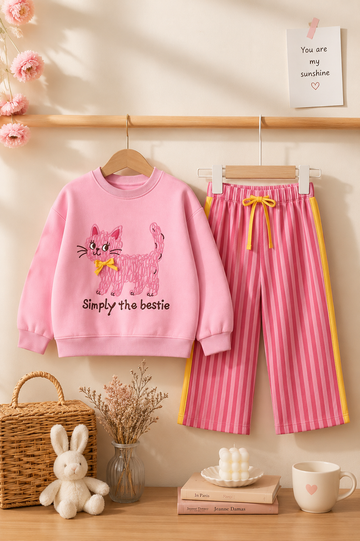 Pembe Kedi Desenli Kız Çocuk Sweatshirt ve Çizgili Pantolon Takım