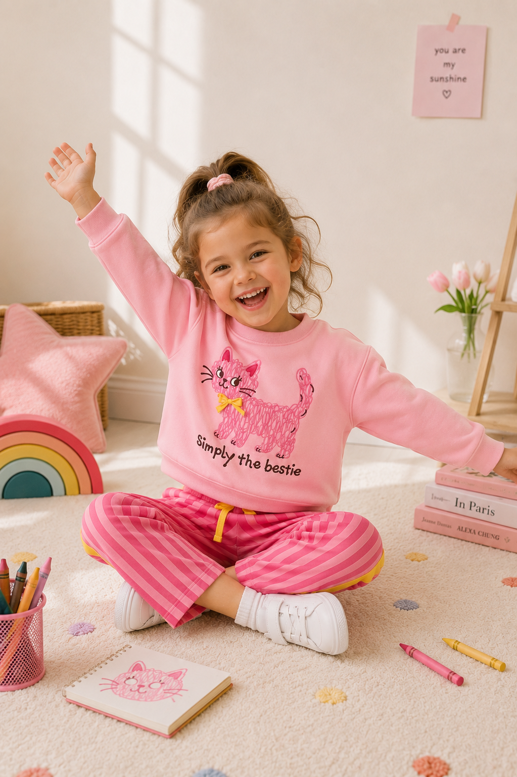 Pembe Kedi Desenli Kız Çocuk Sweatshirt ve Çizgili Pantolon Takım