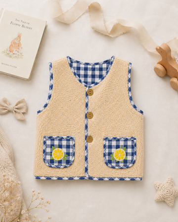 Peluş Limon Nakışlı Ekru Lacivert Unisex Yelek