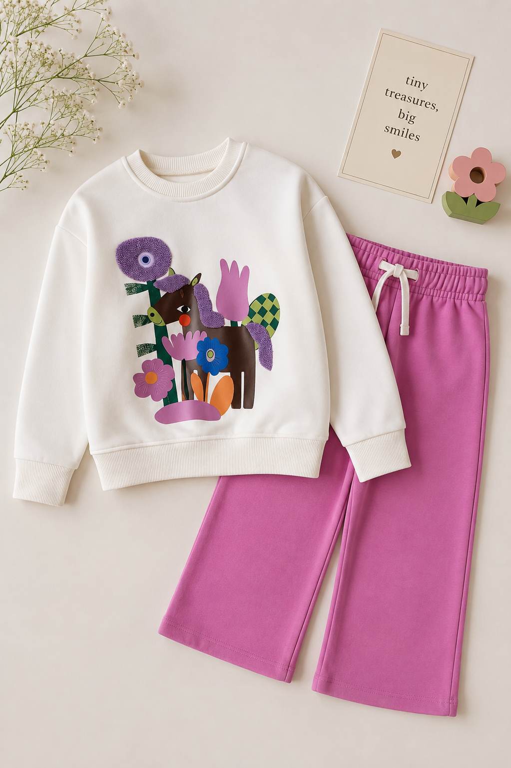 Kız Çocuk Nakışlı At Figürlü Ekru Sweatshirt ve Lila Eşofman Takımı