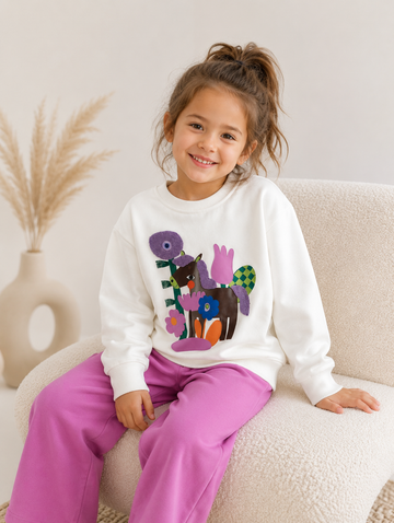 Kız Çocuk Nakışlı At Figürlü Ekru Sweatshirt ve Lila Eşofman Takımı