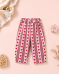 Pamuklu Kalp Desenli Pembe Çizgili Bol Paça Yumuşak Kot Pantolon