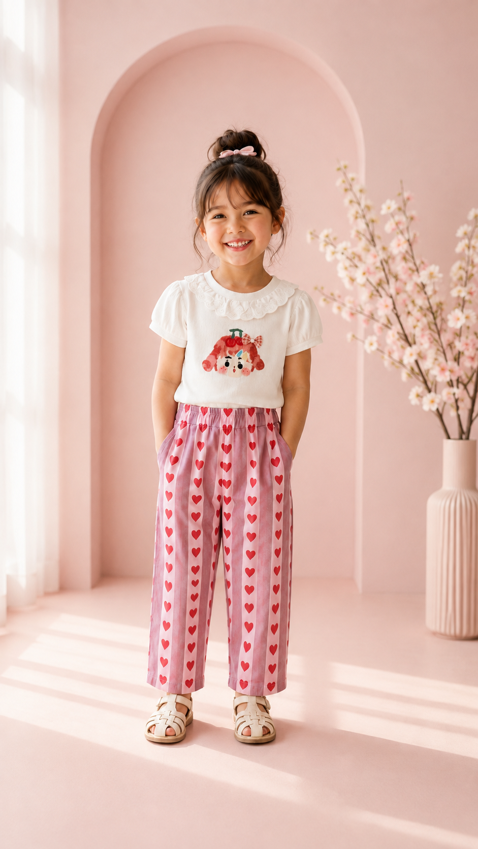 Pamuklu Kalp Desenli Pembe Çizgili Bol Paça Yumuşak Kot Pantolon