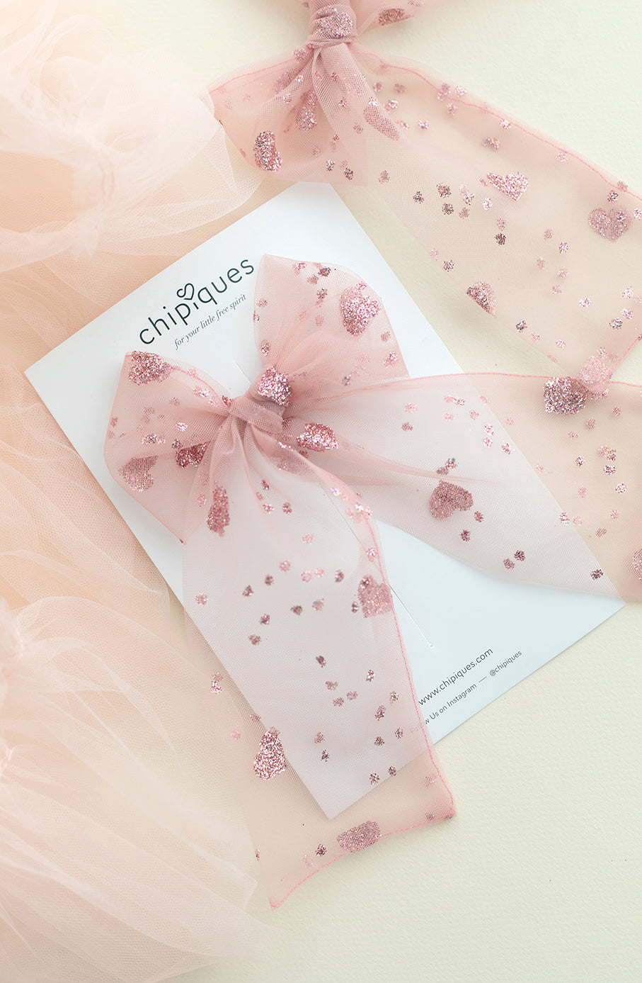 Rose Pink Heart Glitter Printed Tulle Ballerina Bow