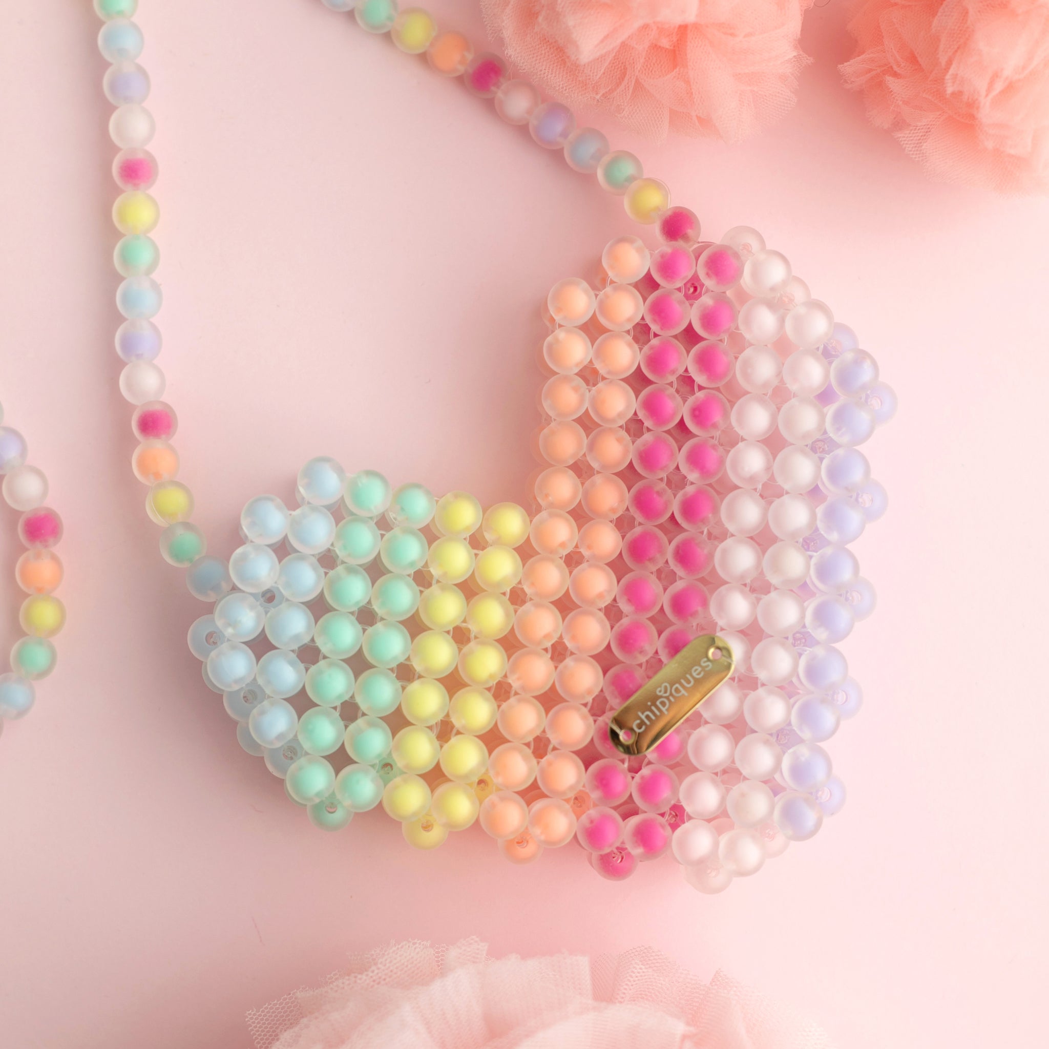 Hand Knitted Heart Motif Pastel Beaded Shoulder Bag