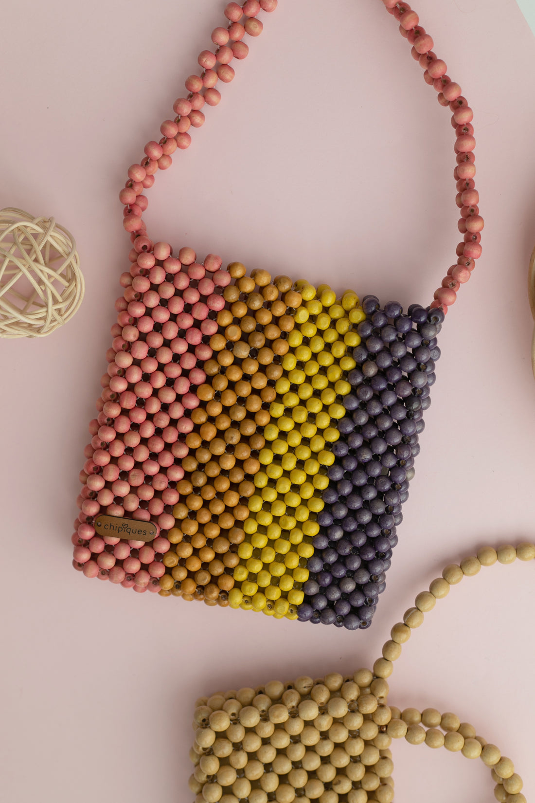 Hand Knitted Natural Wood Beaded 4 Color Shoulder Bag