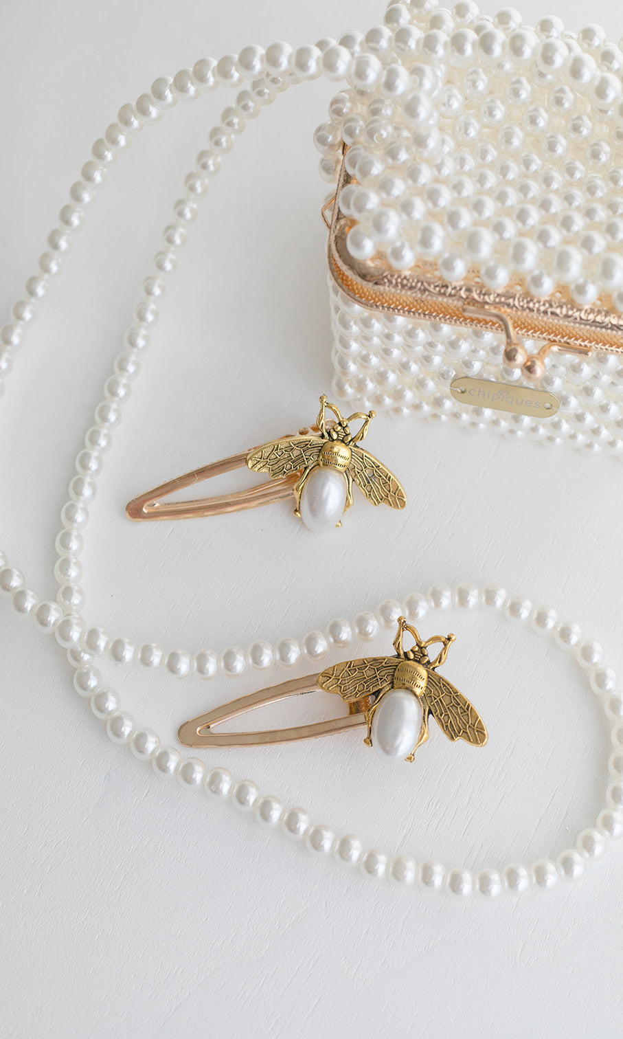 Pearl Detailed Brass Bee Latch Clip
