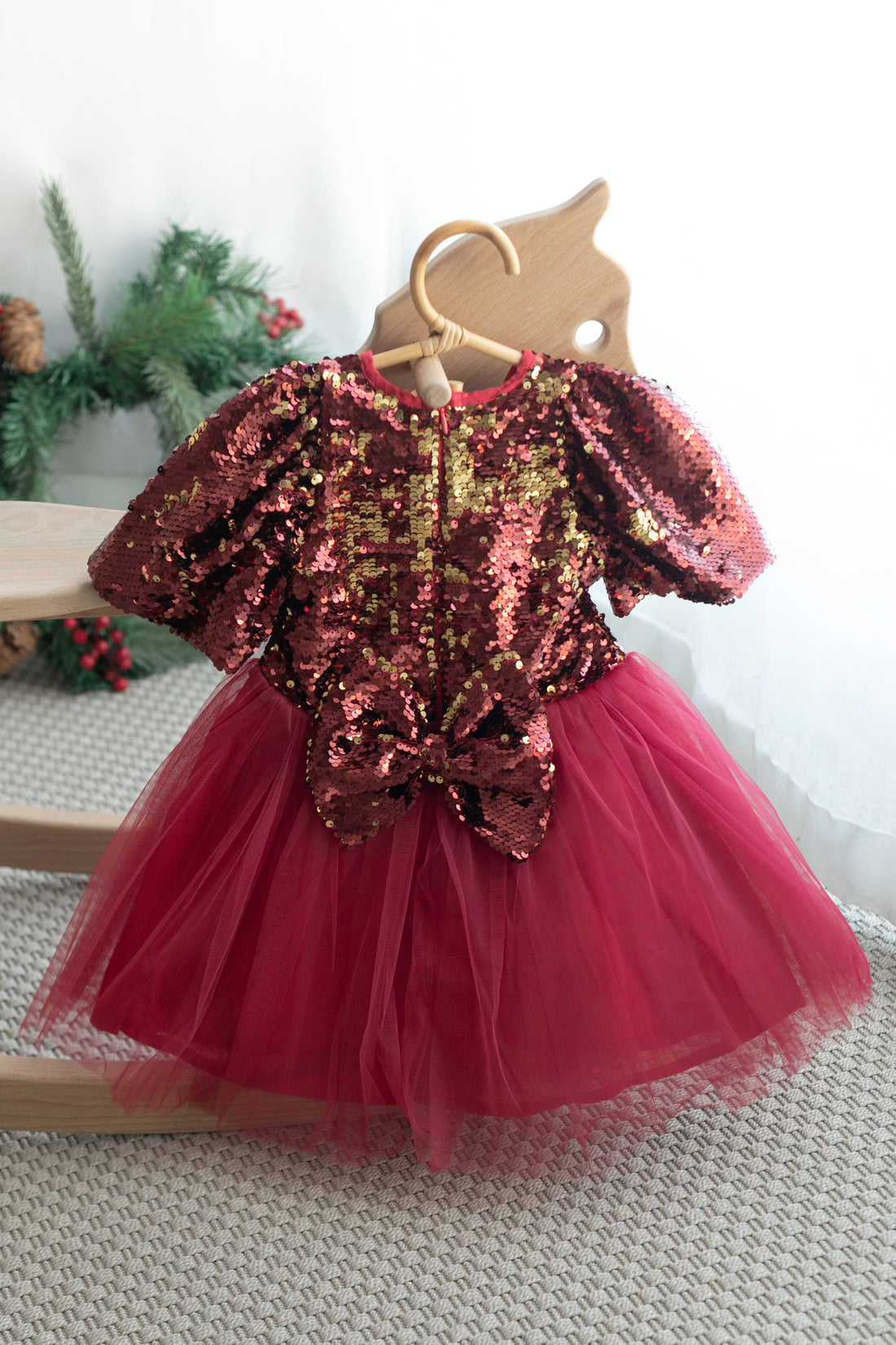 Double Colored Sequined Burgundy Dress