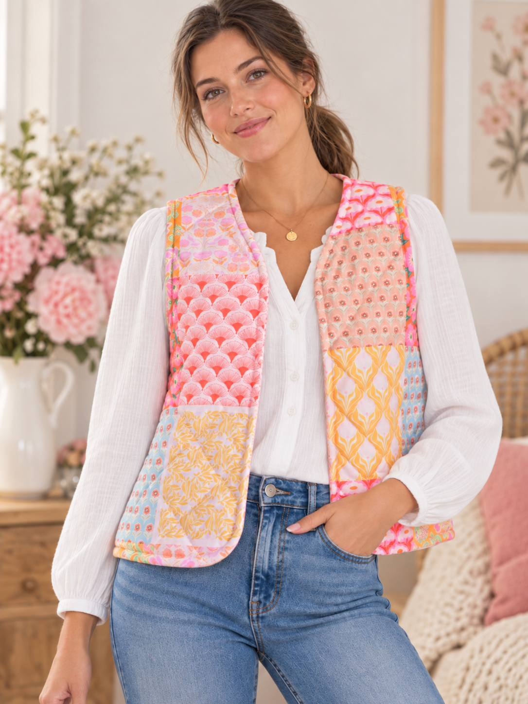 Patchwork Baskılı Mevsimlik Yetişkin Kapitone Yelek