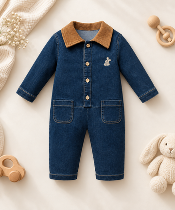 Denim Bebek Tulum – Kadife Yaka Detaylı