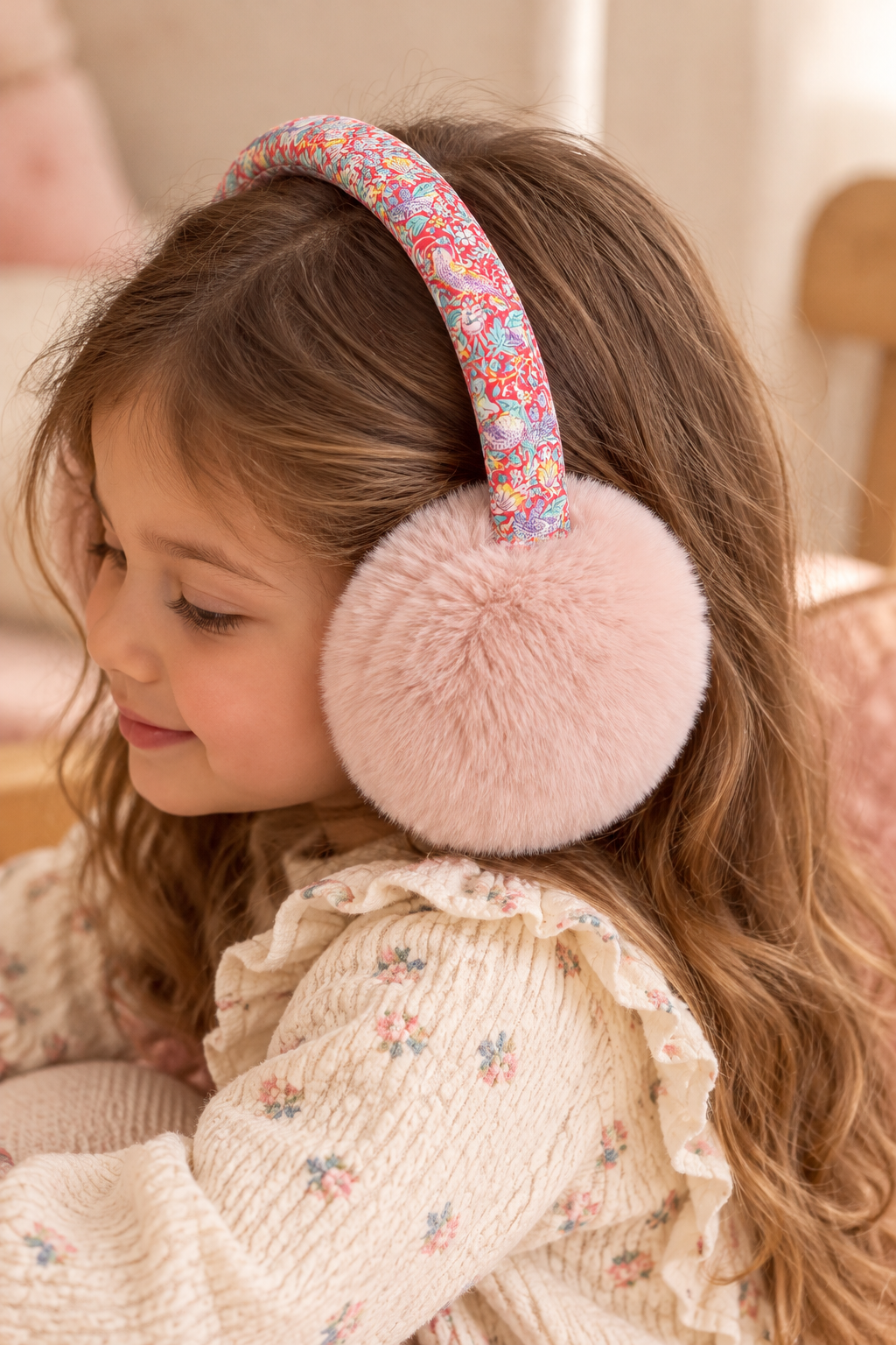 Liberty Kumaş Detaylı Yumuşacık Peluş Pompom Pudra Kulaklık