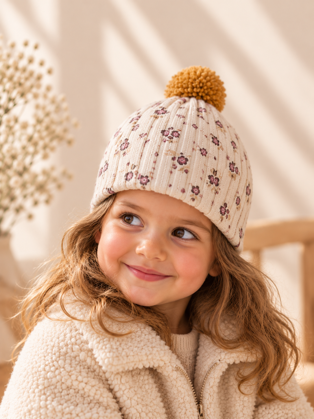 Unisex Blue Fairy-Tale Forest Print Mustard Pompom Double-Layer Cotton Jersey Beanie