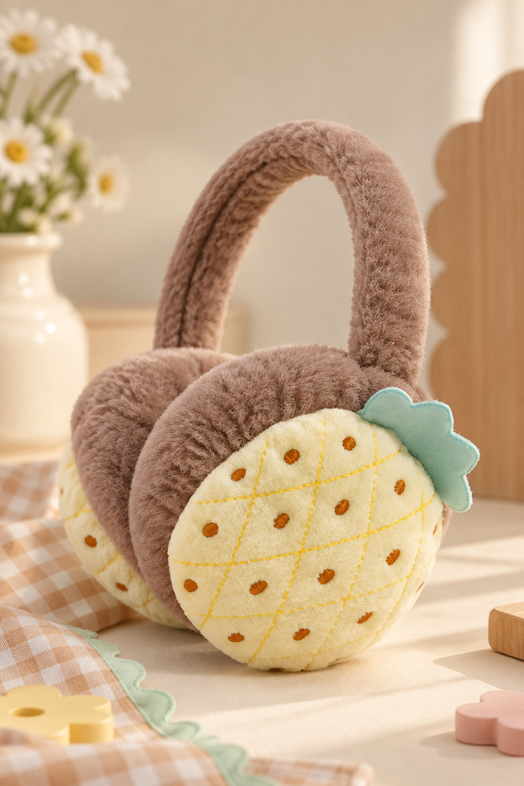 Ananas Nakışlı Pembe Peluş Yumoş Kulaklık