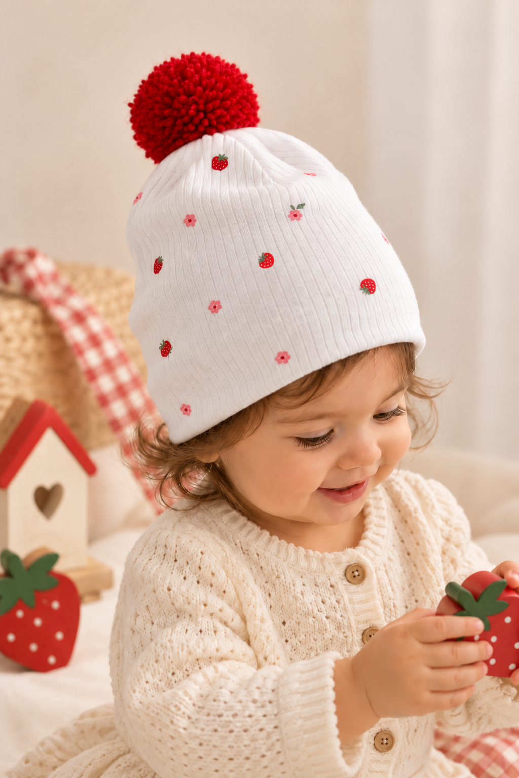Unisex Blue Fairy-Tale Forest Print Mustard Pompom Double-Layer Cotton Jersey Beanie