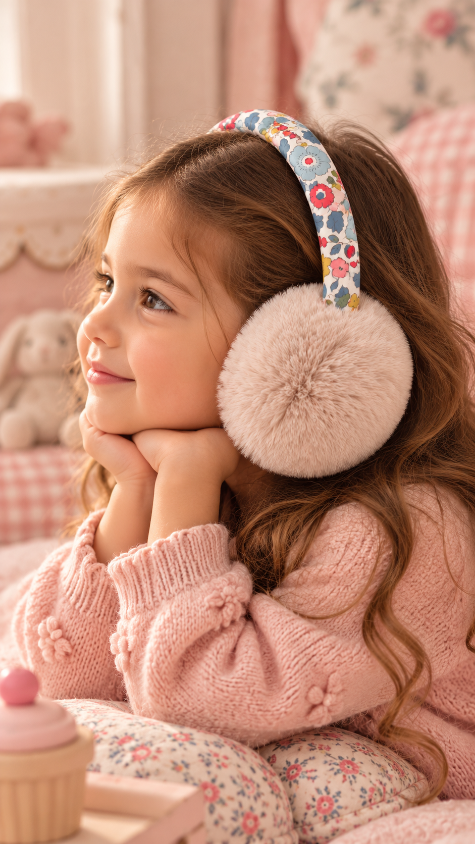 Liberty Kumaş Detaylı Yumuşacık Peluş Pompom Krem Kulaklık