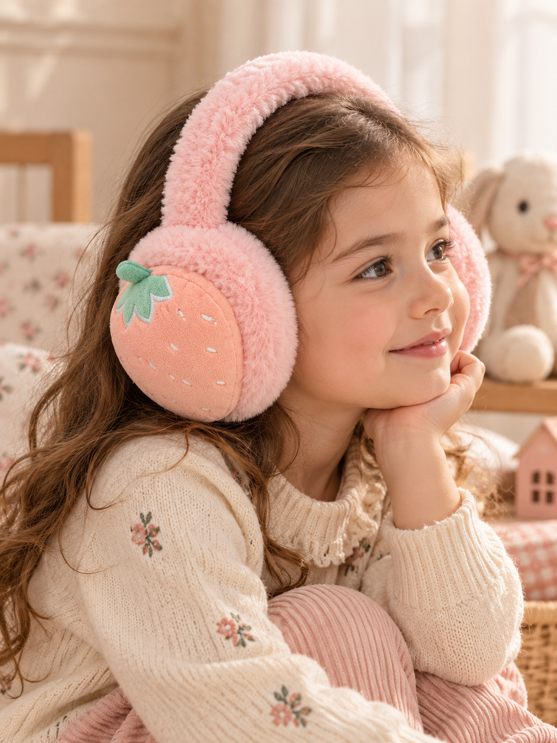 Çilek Nakışlı Pembe Peluş Yumoş Kulaklık