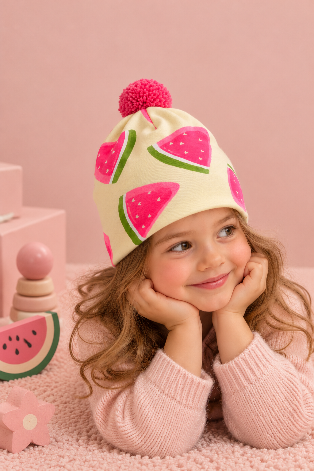 Unisex Blue Fairy-Tale Forest Print Mustard Pompom Double-Layer Cotton Jersey Beanie