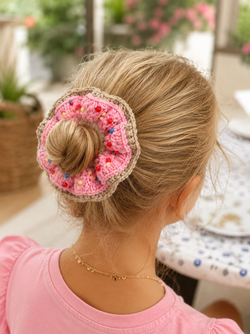 El Örgüsü Donut Figürlü Boncuk İşlemeli Scrunchie Çocuk Topuz Saç Tokası