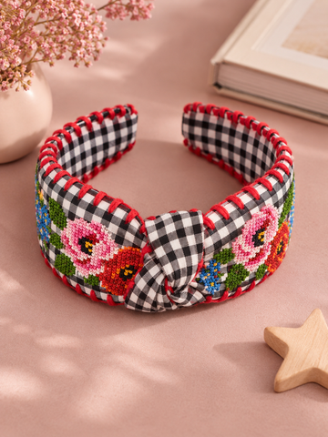 Red Gingham Etamine Flower Embroidered Knotted Headband