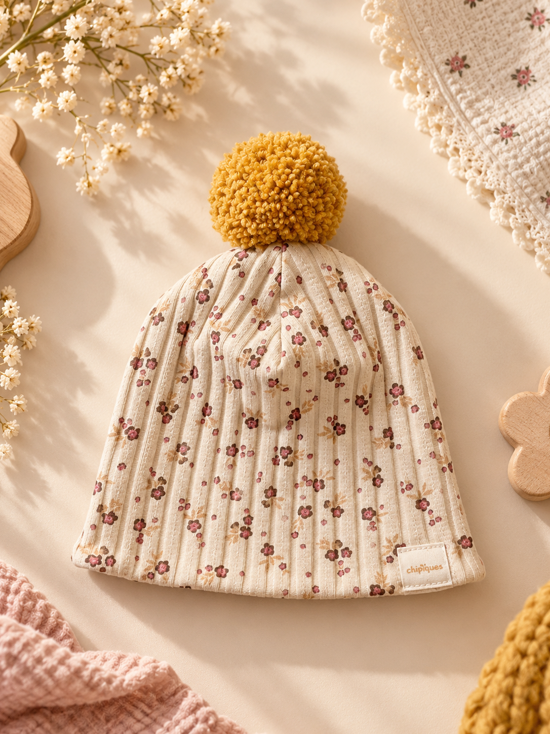 Unisex Blue Fairy-Tale Forest Print Mustard Pompom Double-Layer Cotton Jersey Beanie