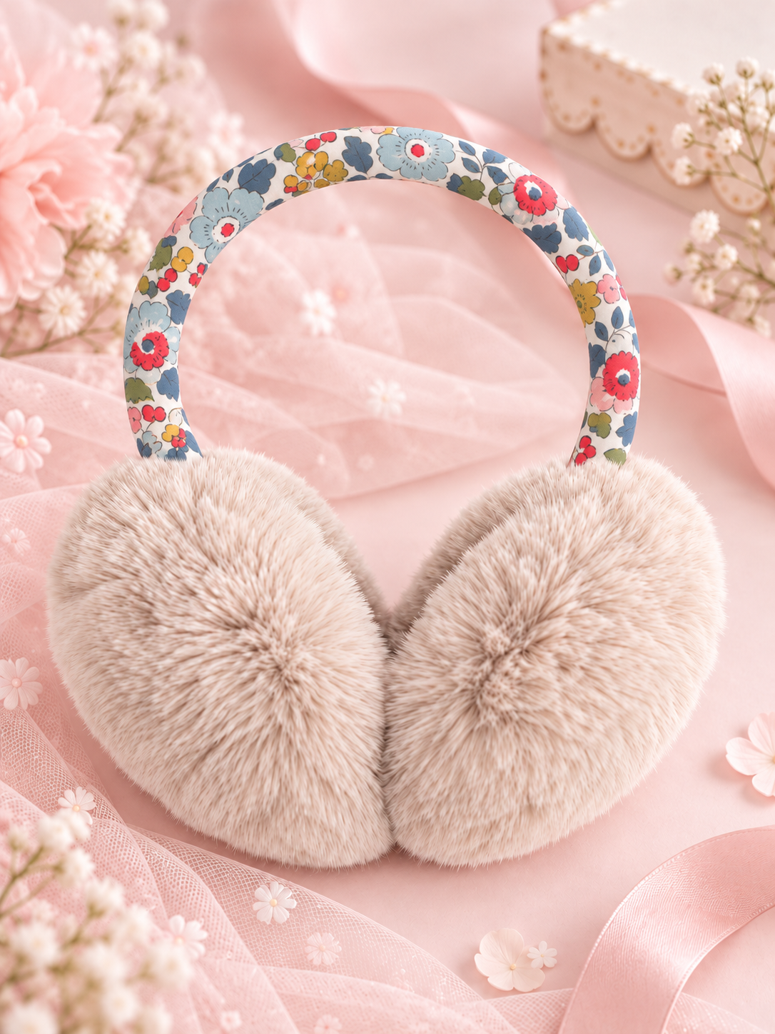 Liberty Kumaş Detaylı Yumuşacık Peluş Pompom Krem Kulaklık