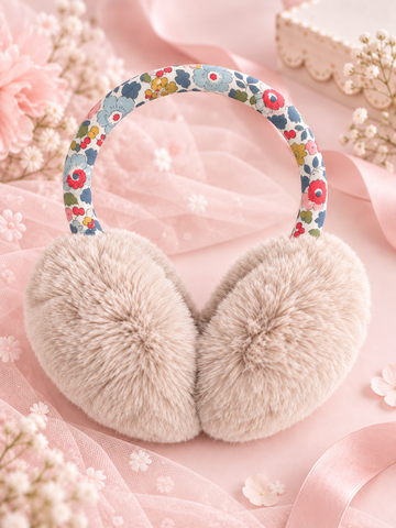 Liberty Kumaş Detaylı Yumuşacık Peluş Pompom Krem  Kulaklık