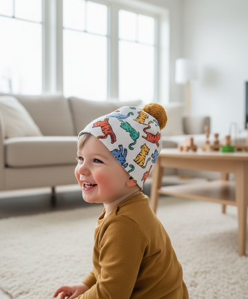 Unisex Suluboya Kedi Desenli Mavi Ponpon Cift Katli Penye Bere