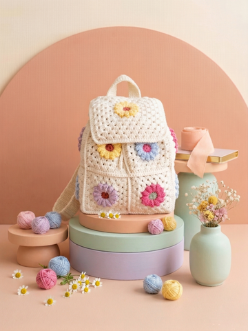 El Örgüsü Çiçek Nakışlı Kapaklı Crochet Krem Rengi Küçük Omuz Çantası (ölçülere bakınız)