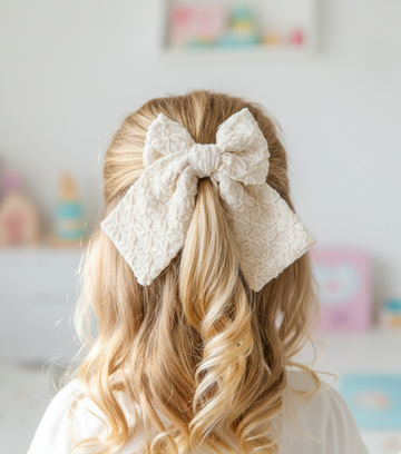 Ecru Embroidered Cotton Ballerina Bow Clip