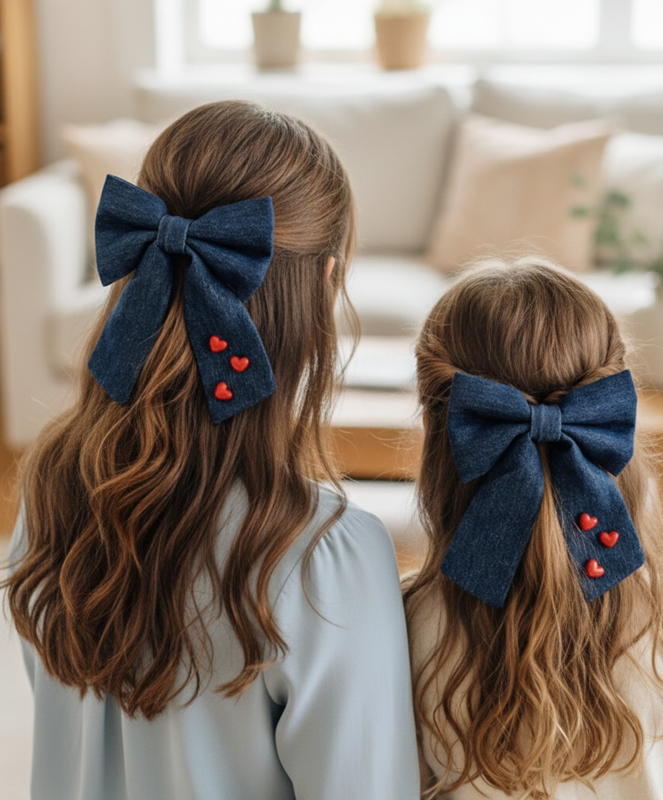 Kirmizi Kalp Boncuklu Indigo Denim Fiyonk Otomatik Klips