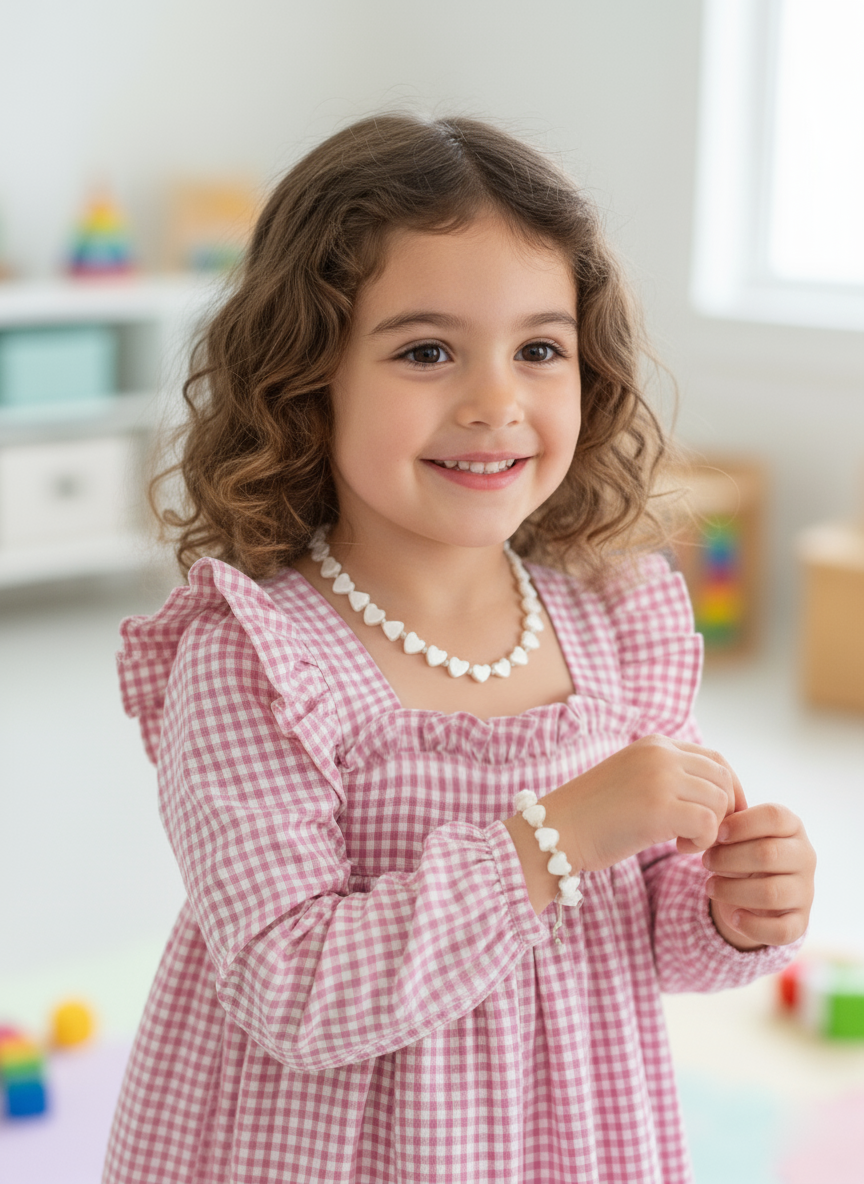 Ekru Renk Sedefli Kalp Figürlü Kolye ve Bileklik Set - Çocuk