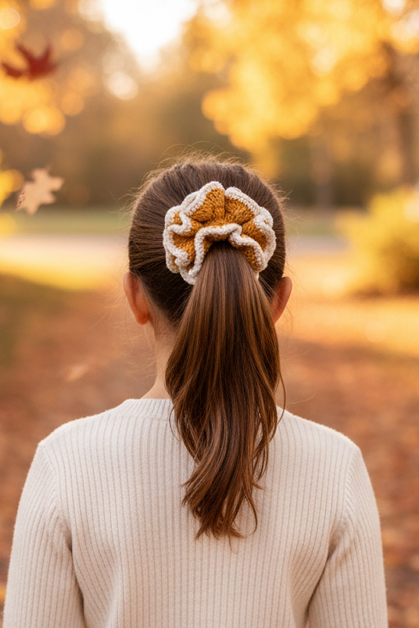 Krem Şeritli Crochet Hardal Maxi Scrunchie Toka