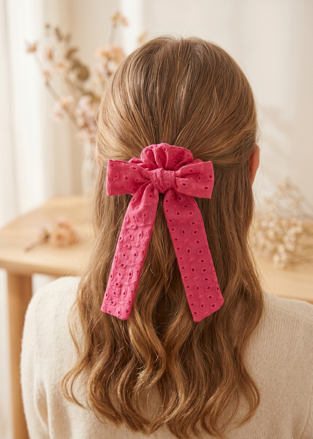 Fisto İşlemeli Fiyonklu Kuyruklu Fuşya Scrunchie Toka
