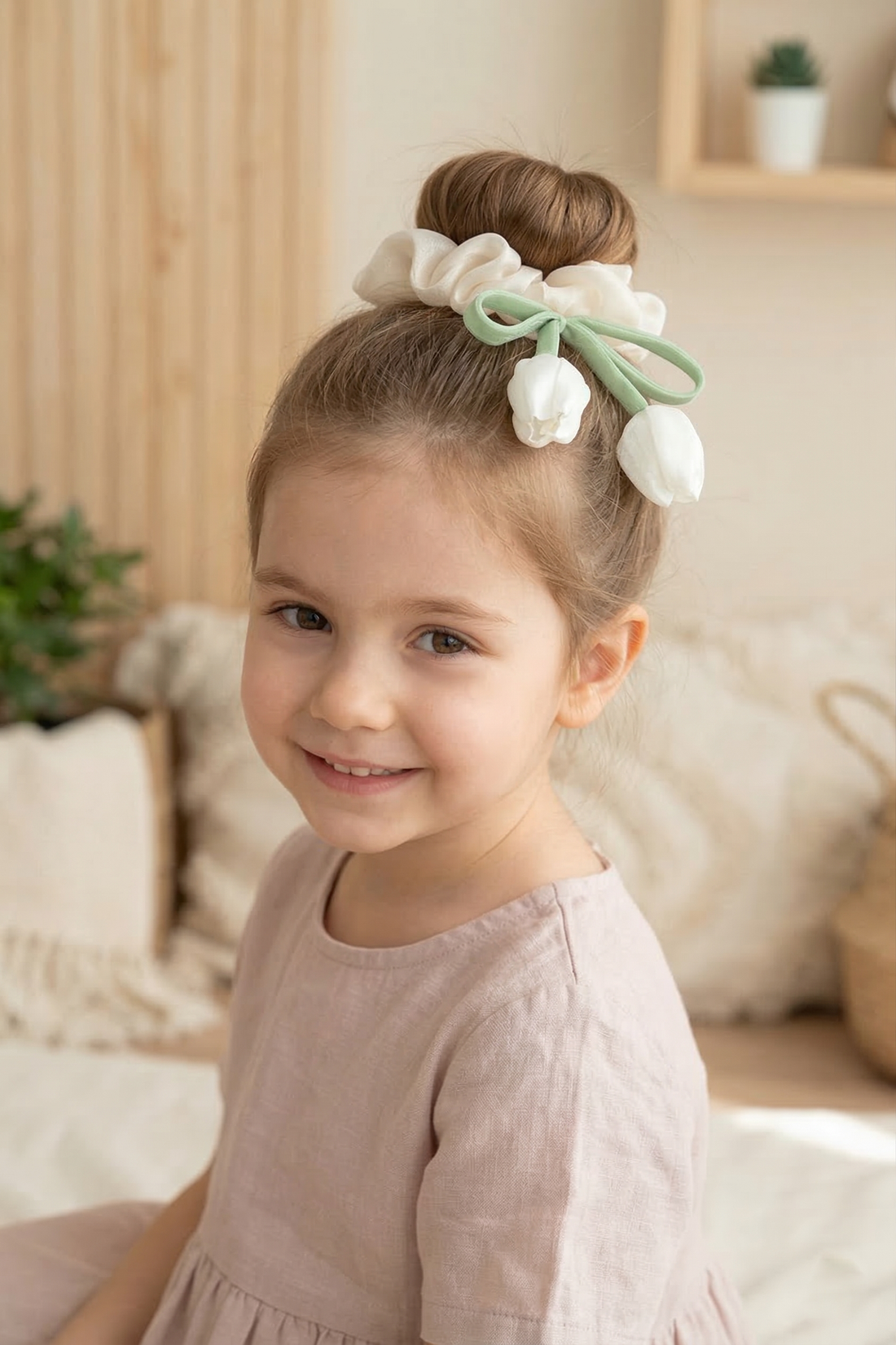 Lale Figürlü Ekru Renk Organze Saten Scrunchie Toka Çocuk ve Yetişkin