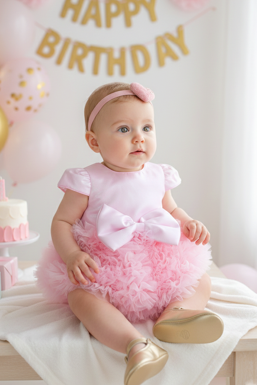Pembe Işıltılı Tütü Bebek Elbise – Büyük Fiyonk Detaylı Özel Gün Elbisesi