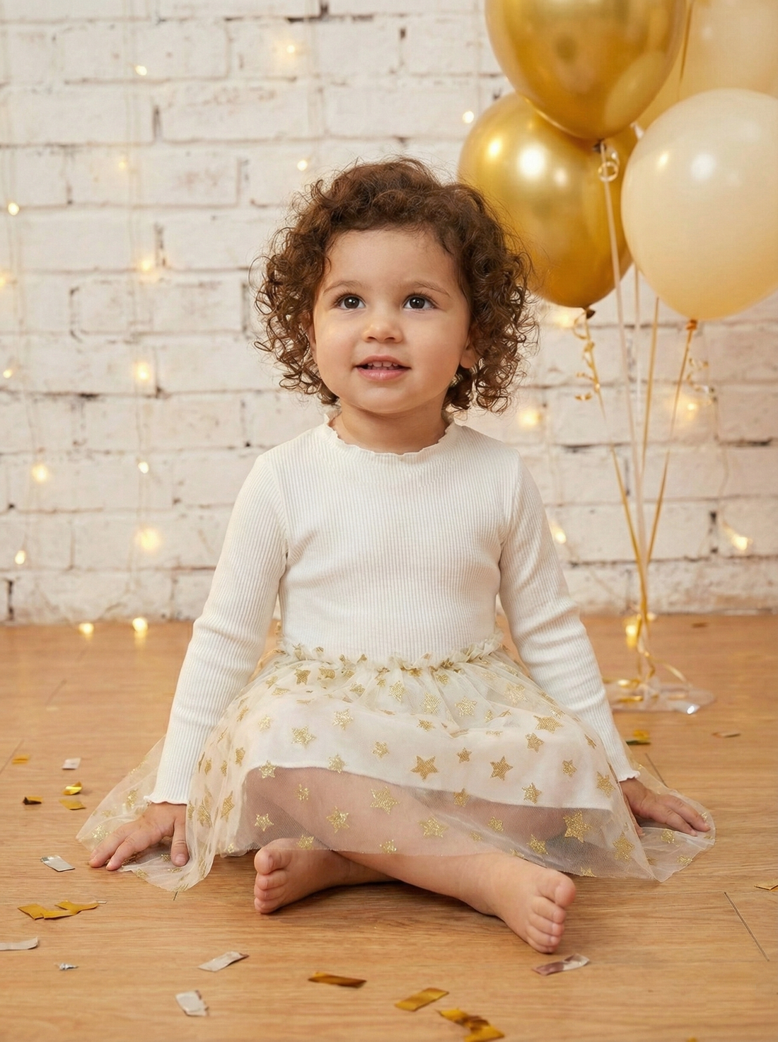 Gold Star Printed Ruffle Tulle Dress