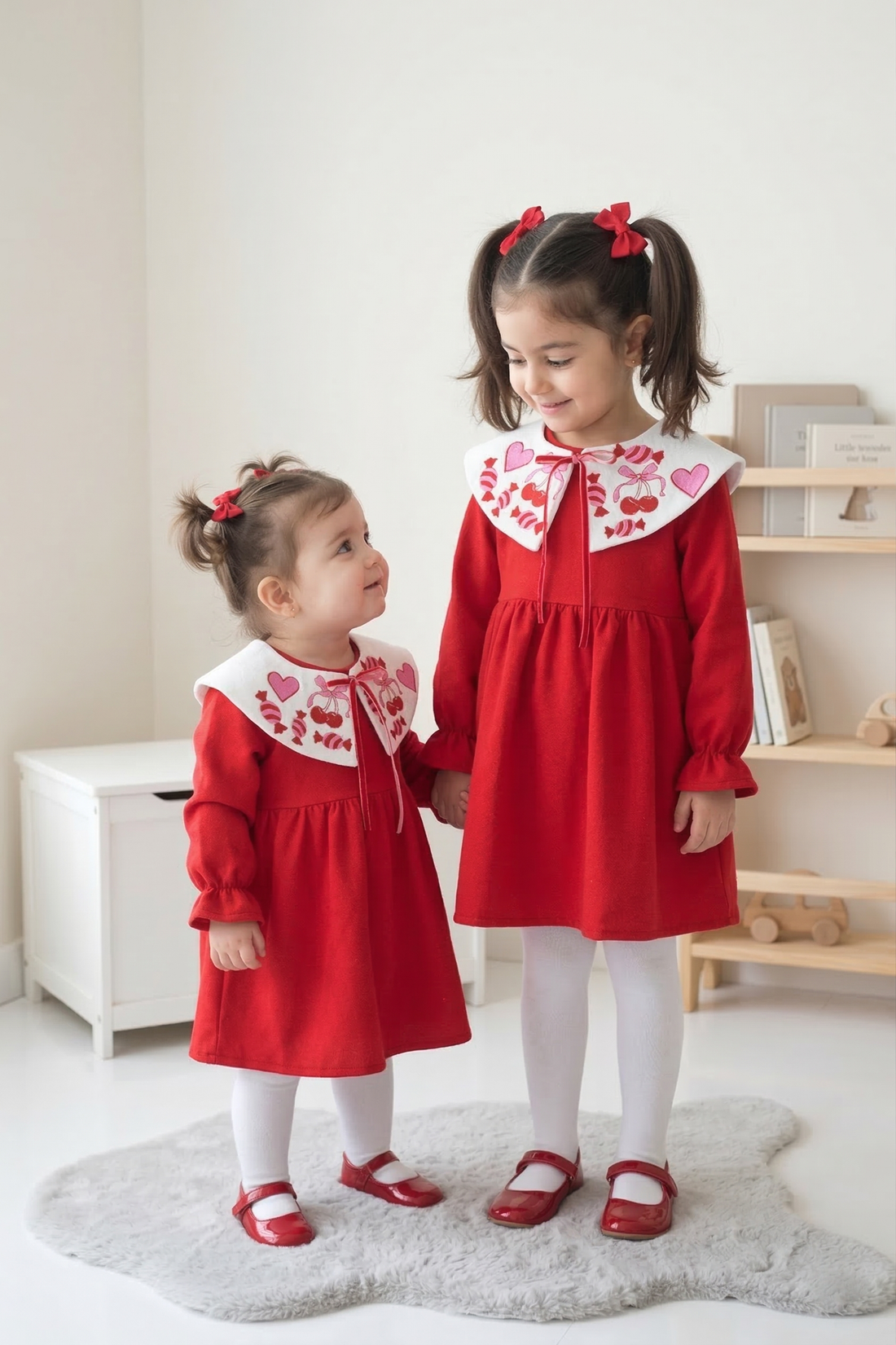 Bonbon Şeker Nakışlı Çıkarılabilir Yakalı Kırmızı Pamuklu Pazen Elbise