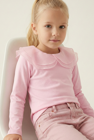 Toz Pembe Organze Bebe Yakalı Kız Çocuk Pamuklu Tişört