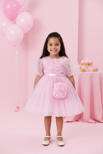 Üç Boyutlu Soft Pembe Çiçek Dantelli Balon Kollu Tütü Elbise