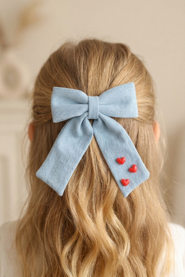 Red Heart Beaded Indigo Denim Bow Automatic Clip