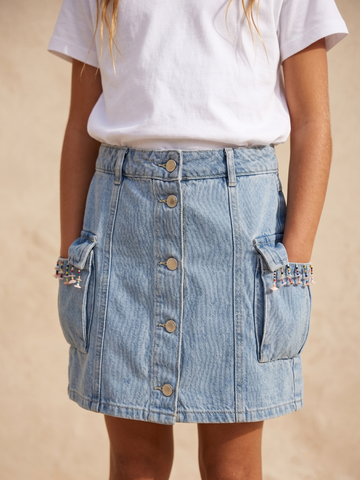 Boncuk İşlemesi Detaylı Cepli Denim Kız Çocuk Etek