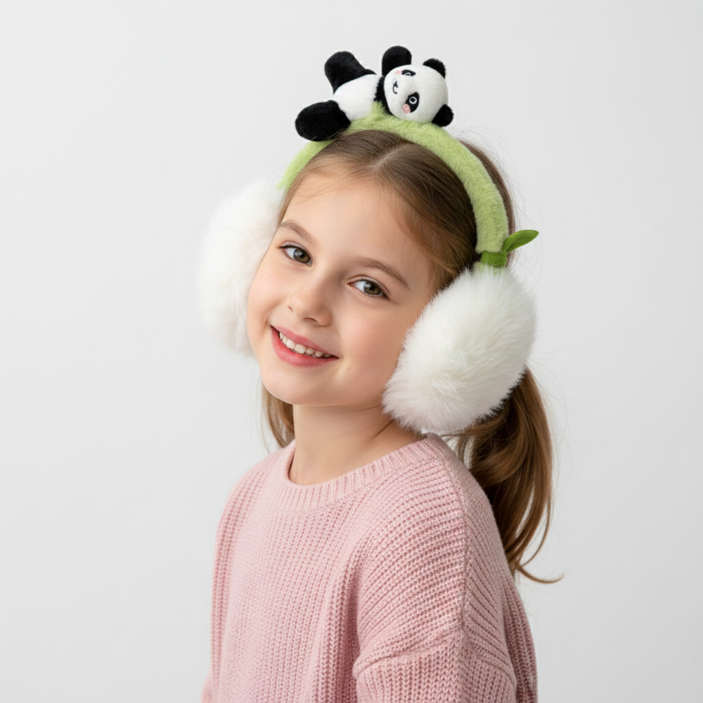 Panda Figürlü Ekru Kürk Kulaklık - Çocuk ve Yetişkin uyumlu