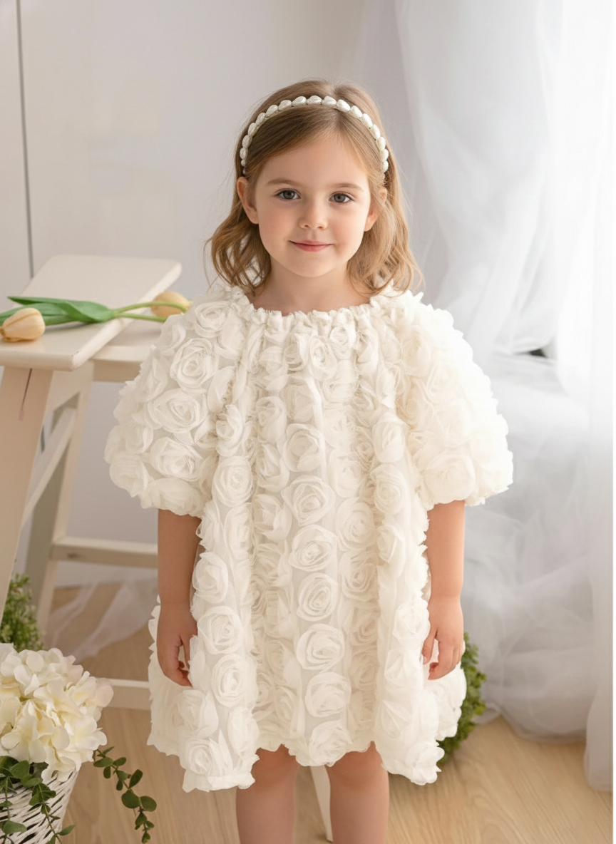 Ekru Renk üç boyutlu Gül Motifli Balon Kollu Elbise