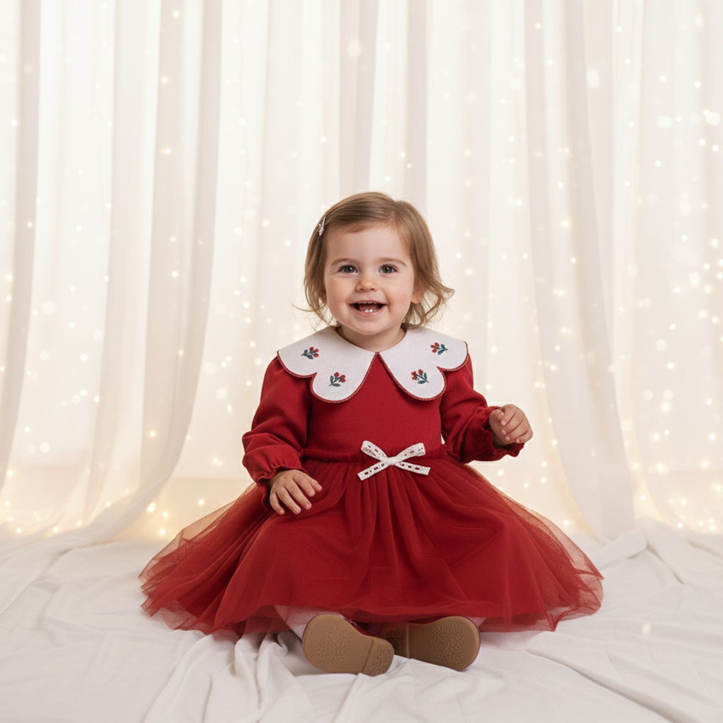 Nakışlı Bebe Yaka Kadife Üstlü Kırmızı Tütülü Elbise