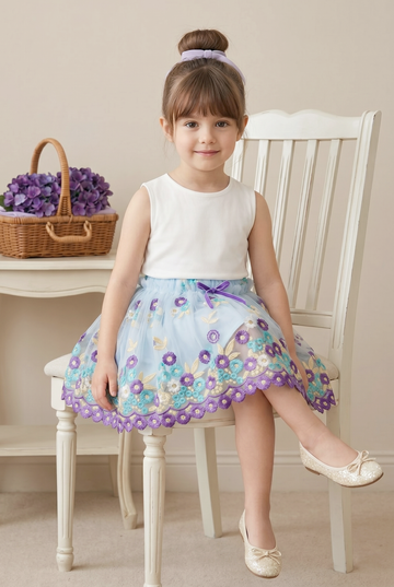 Fiyonk Hediyeli Lavender Bloom Nakışlı Tütü Tül Etek