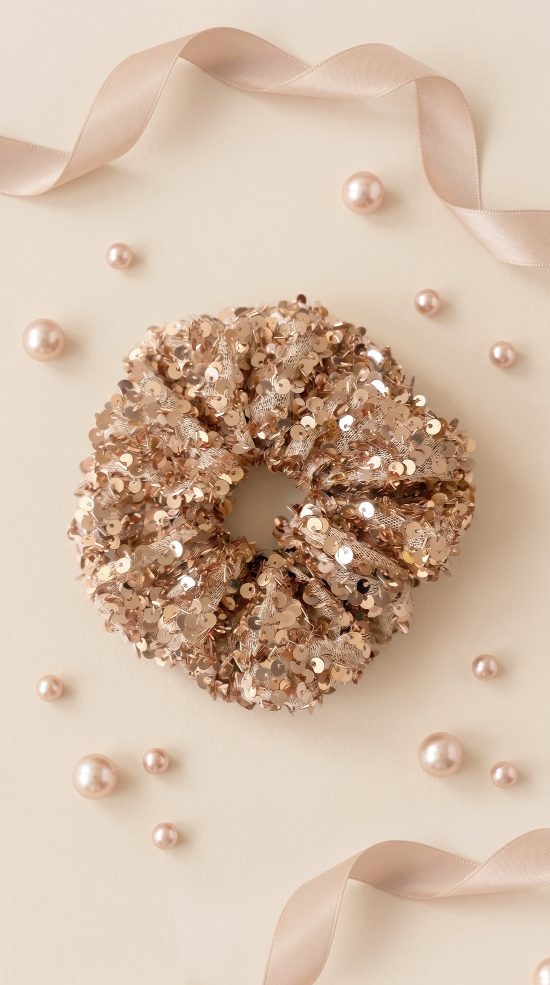 Gold Renk Payetli Işıltılı Tül Scrunchie Toka