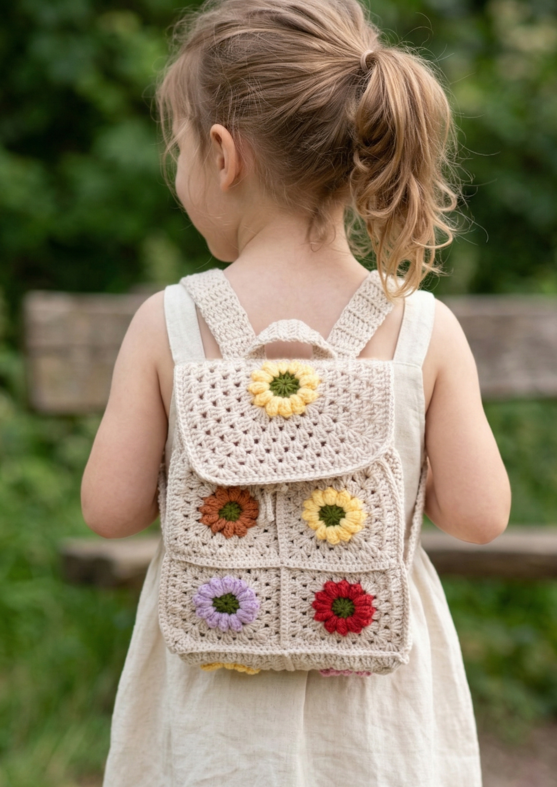 El Örgüsü Çiçek Nakışlı Kapaklı Crochet Bej Rengi Omuz Çantası