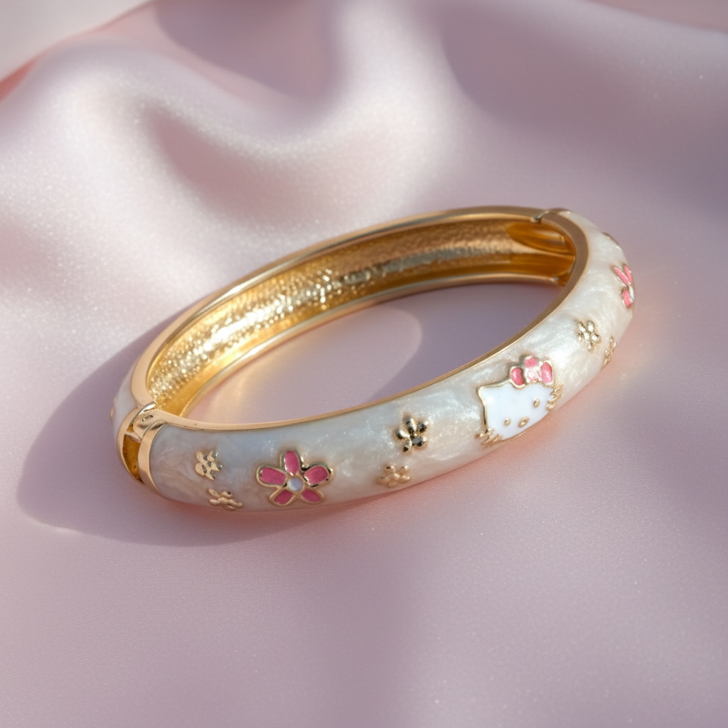 Mineli Hello Kitty Kelepçeli Çelik Krem Bilezik – 4-10 Yaş Kız Çocuk Bileziği